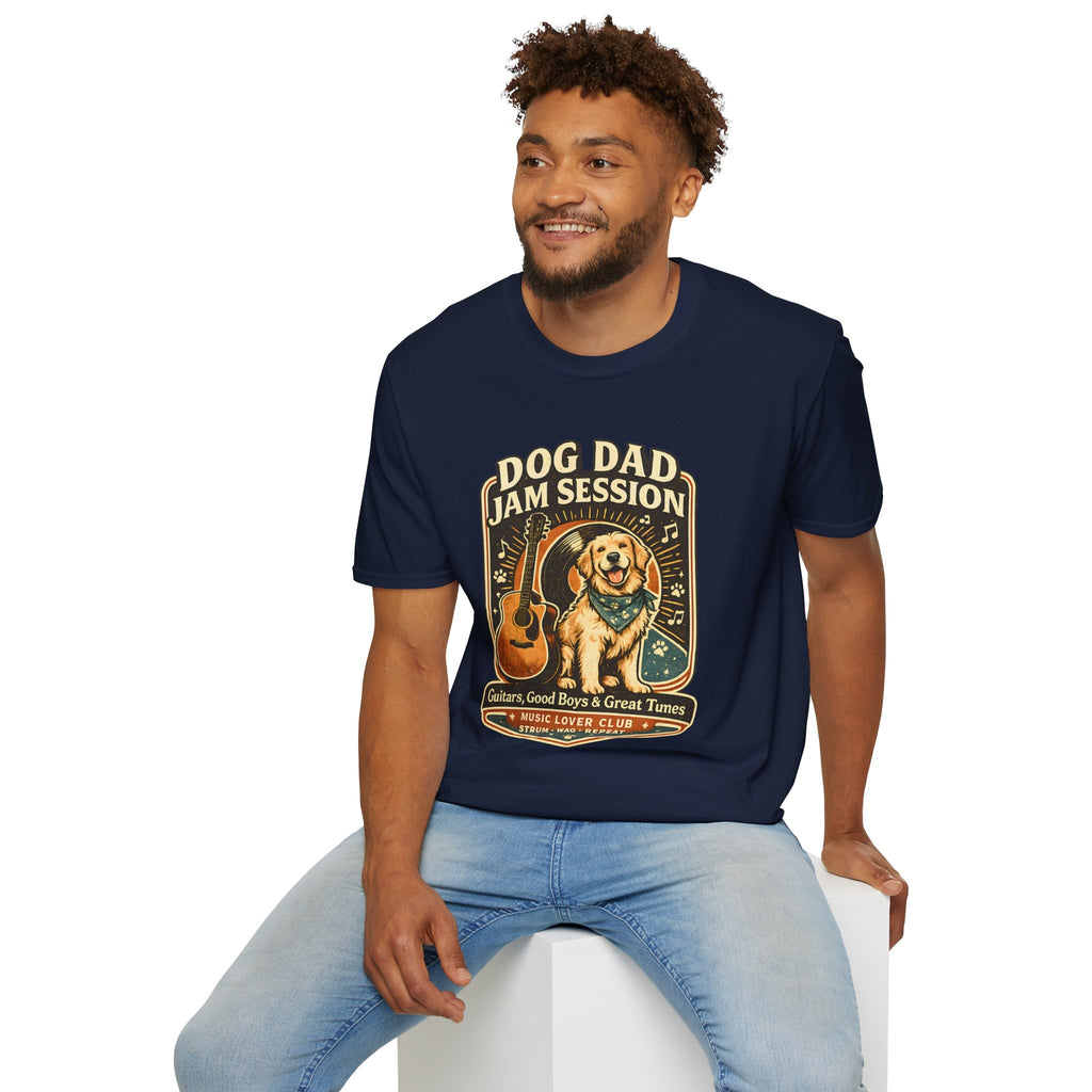 Man wearing a navy blue t-shirt with a humorous design and text.