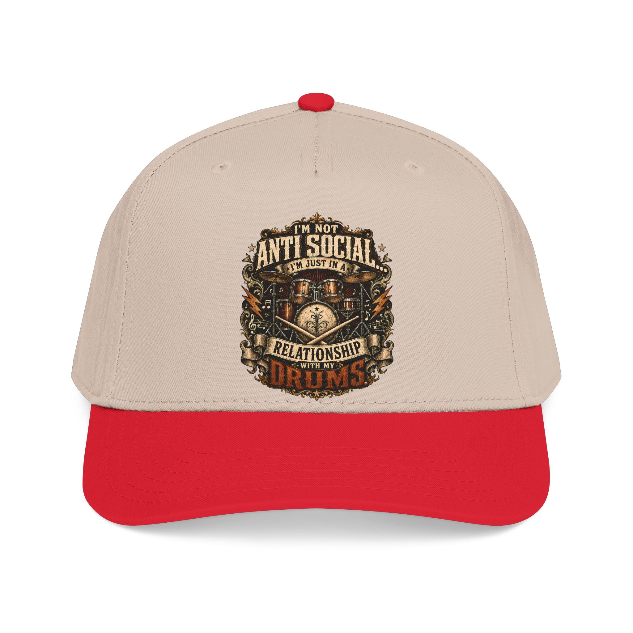 A structured baseball cap with a light beige crown and a bright red curved brim, featuring a detailed graphic on the front that reads 'I'M NOT ANTI SOCIAL I'M JUST.