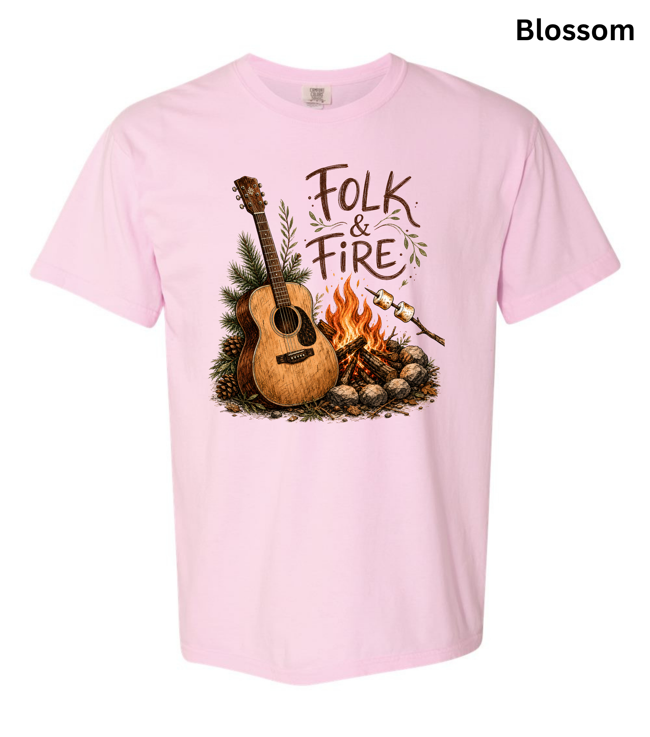 Folk & Fire Guitar T-Shirt | Campfire Acoustic Guitar Graphic Tee for Folk Music Lovers & Campers