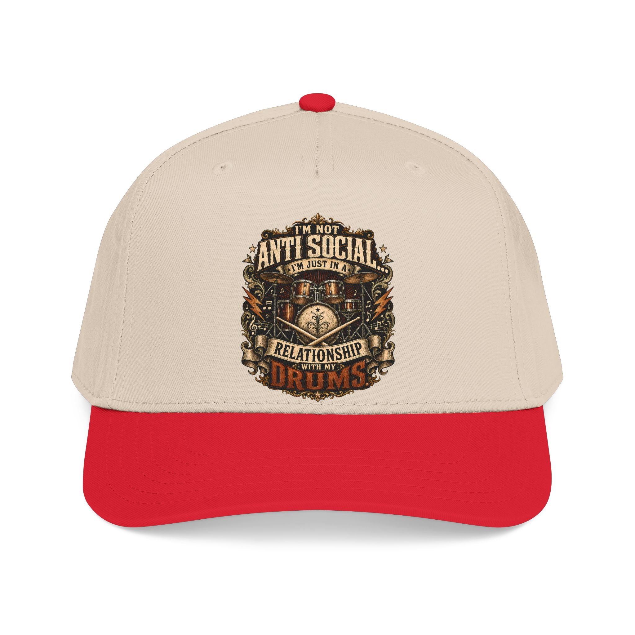 A structured baseball cap with a cream-colored crown and a bright red curved brim, featuring a vintage-style graphic on the front that reads 'I'M NOT ANTI SOCIAL I'M JUST DRUMS' in brown and gold tones.
