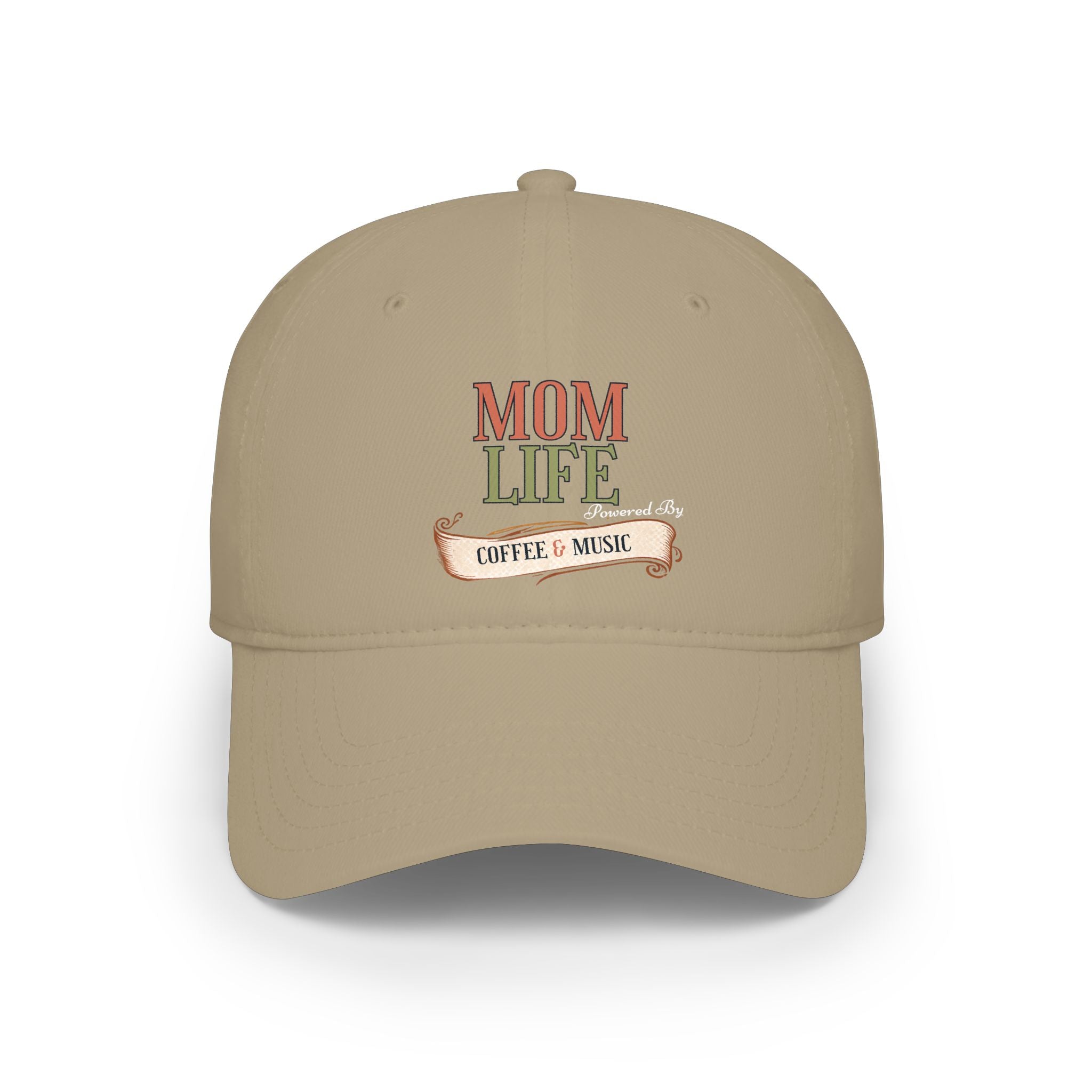 A beige baseball cap featuring a front graphic that reads 'MOM LIFE' with 'COFFEE & MUSIC' on a banner below, shown on a plain white background.