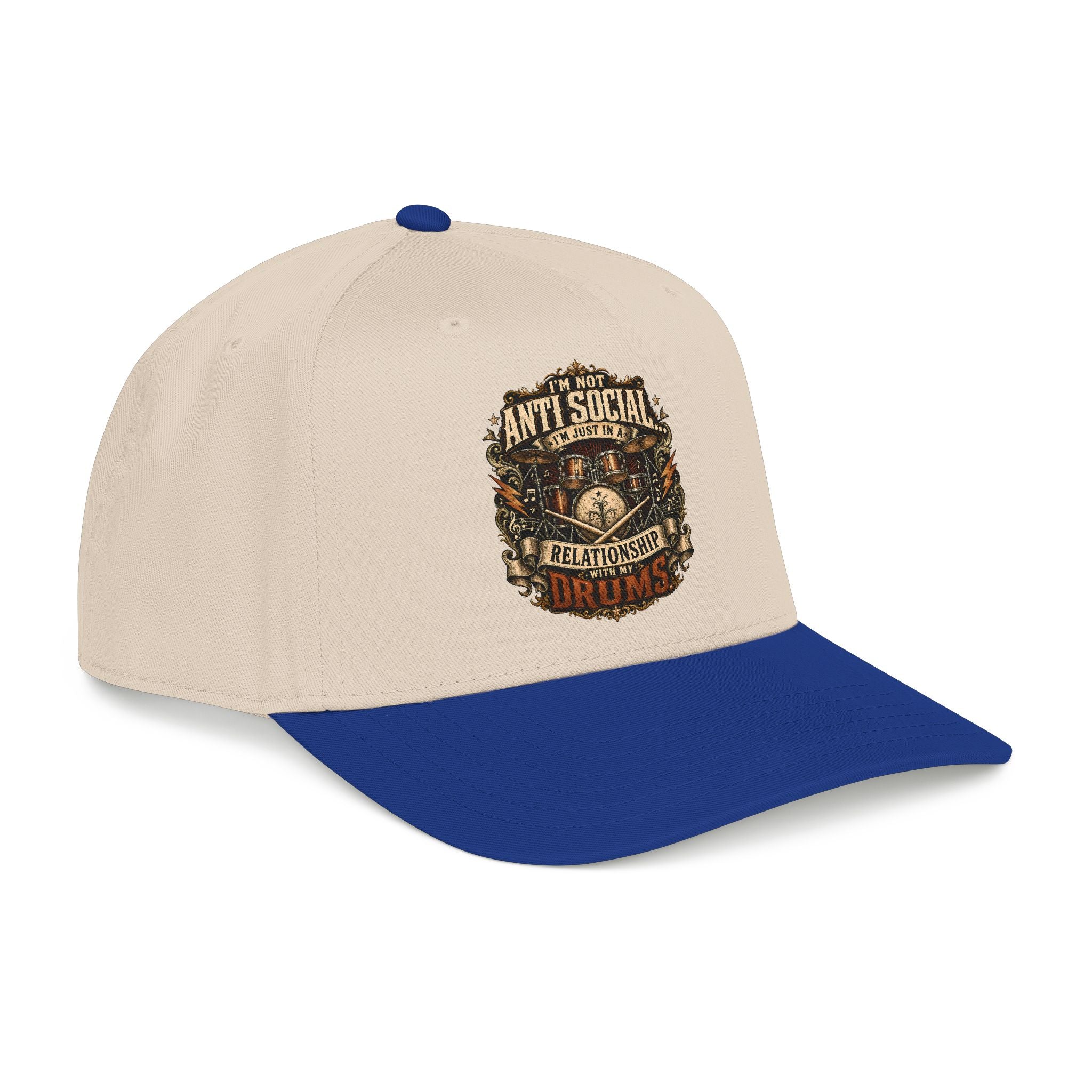 Beige and blue cap with a graphic design on a white background