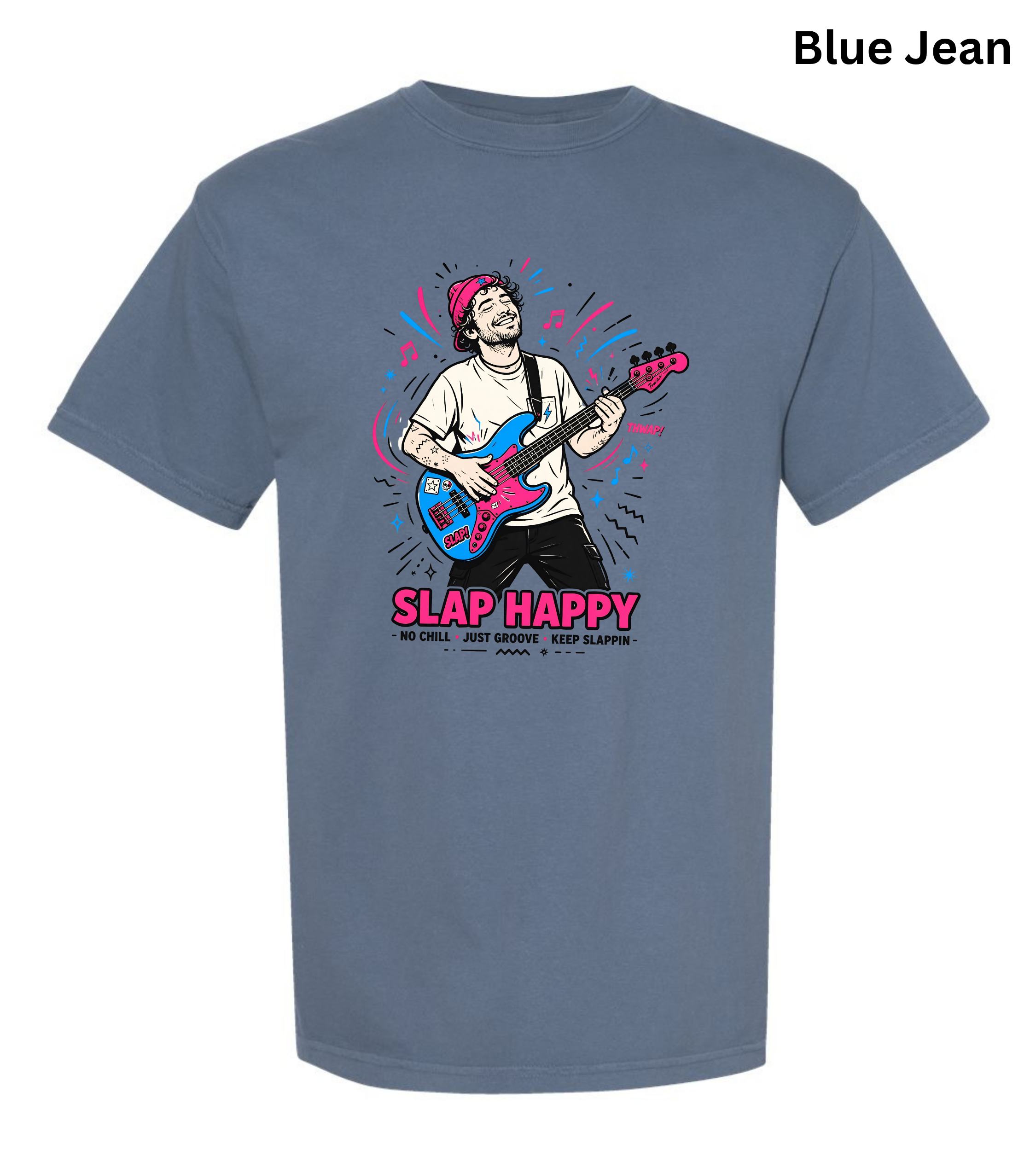 A blue t-shirt with a colorful graphic of a man playing an electric guitar and the text 'SLAP HAPPY' printed on the front. The text 'Blue Jean' is written in the top right corner.