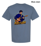 A blue short-sleeve t-shirt with a graphic of a man playing an electric guitar and the text 'PLAY IT LOUD' printed on the front. The text 'Blue Jean' is written in the top right corner.