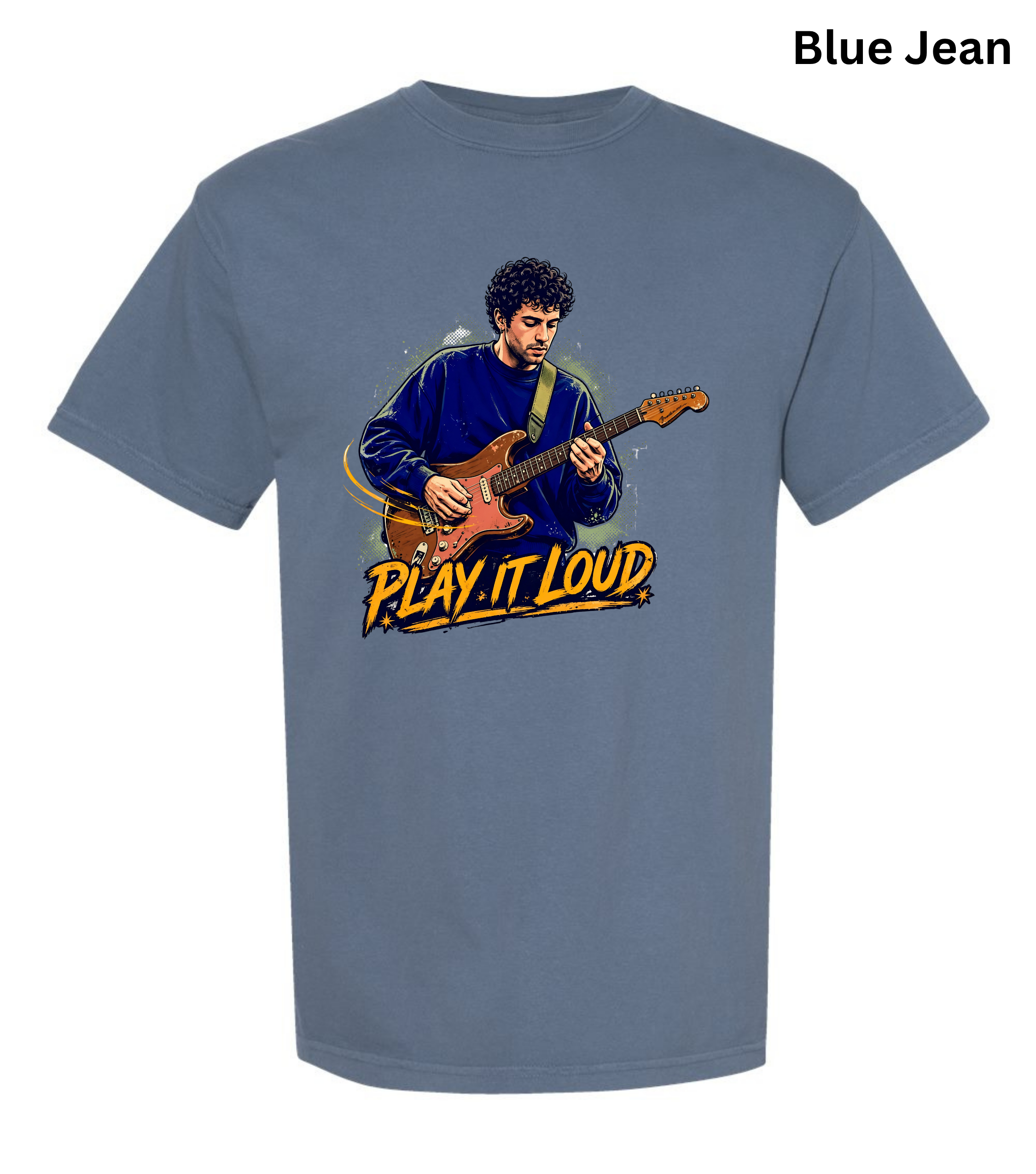 A blue short-sleeve t-shirt with a graphic of a man playing an electric guitar and the text 'PLAY IT LOUD' printed on the front. The text 'Blue Jean' is written in the top right corner.