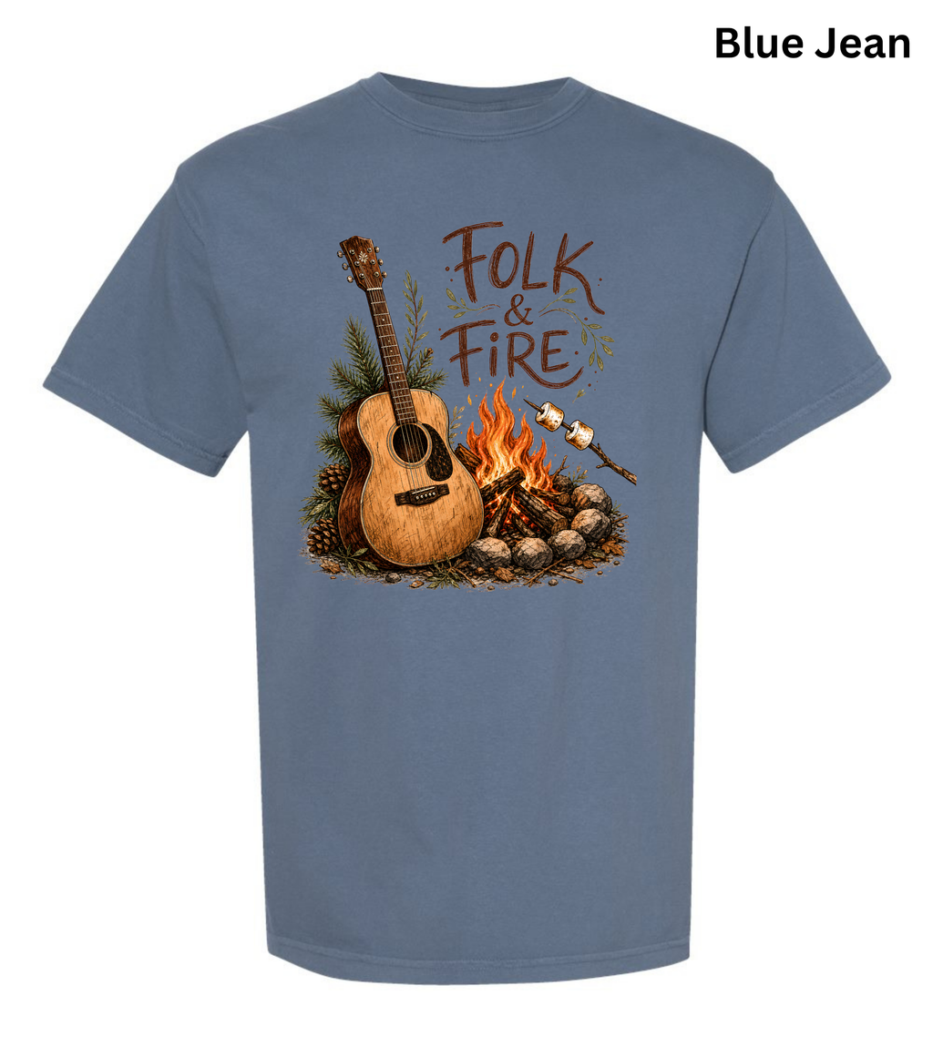 Folk & Fire Guitar T-Shirt | Campfire Acoustic Guitar Graphic Tee for Folk Music Lovers & Campers