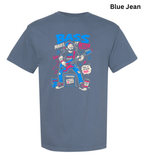A blue short-sleeve graphic t-shirt on a white background, featuring a cartoon bass player with the text 'BASS MAKES IT BETTER'. The text 'Blue Jean' is written in the top right corner.