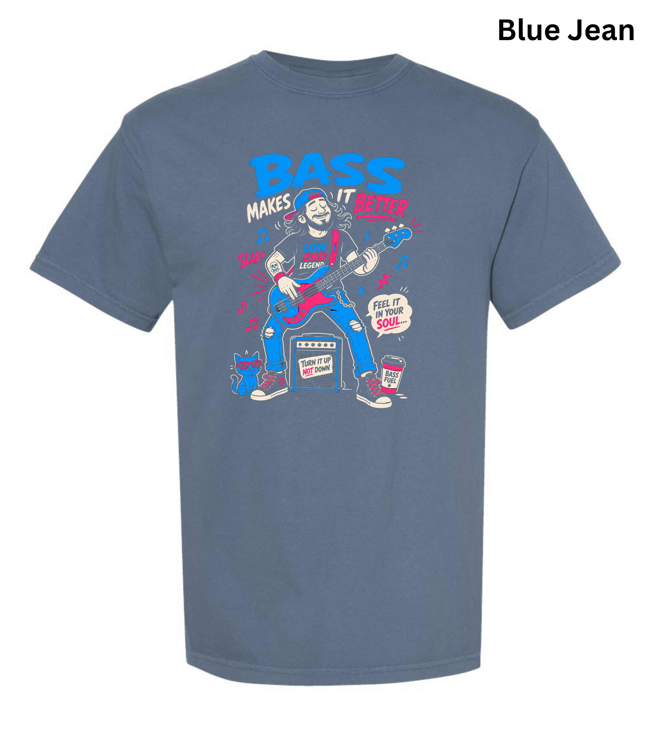 A blue short-sleeve graphic t-shirt on a white background, featuring a cartoon bass player with the text 'BASS MAKES IT BETTER'. The text 'Blue Jean' is written in the top right corner.