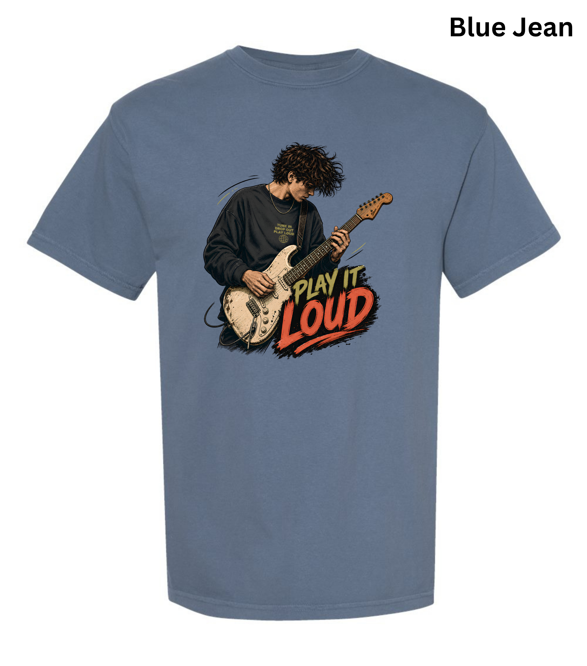 A blue jean graphic t-shirt featuring a cartoon illustration of a guitarist with the text 'PLAY IT LOUD' in red and yellow, shown on a white background with 'Blue Jean' text in the top right corner.