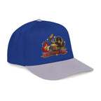 A royal blue and light gray baseball cap featuring a colorful graphic on the front with musical instruments, stars, and the text 'BEST AND COOL'.