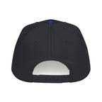 The back view of a black snapback cap on a solid white background.