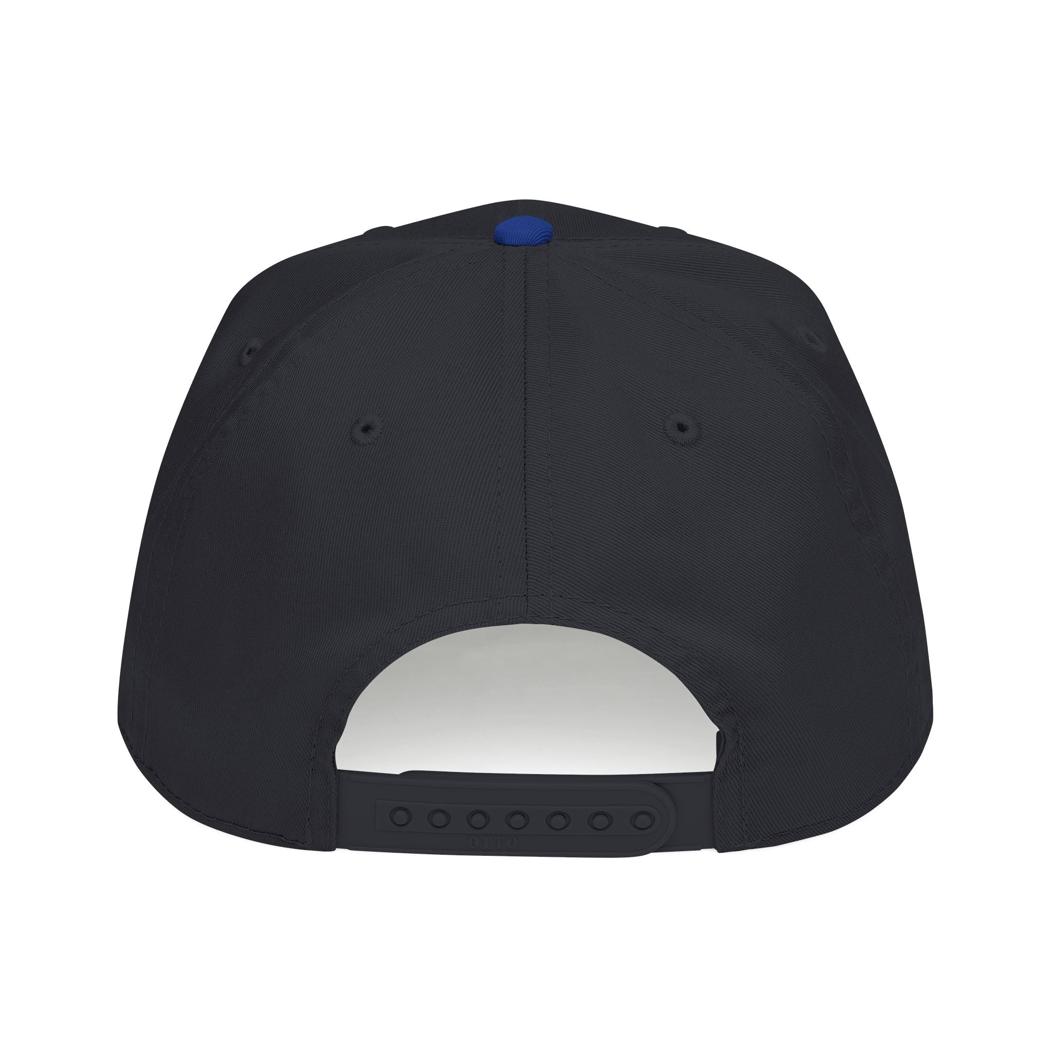 The back view of a black snapback cap on a solid white background.