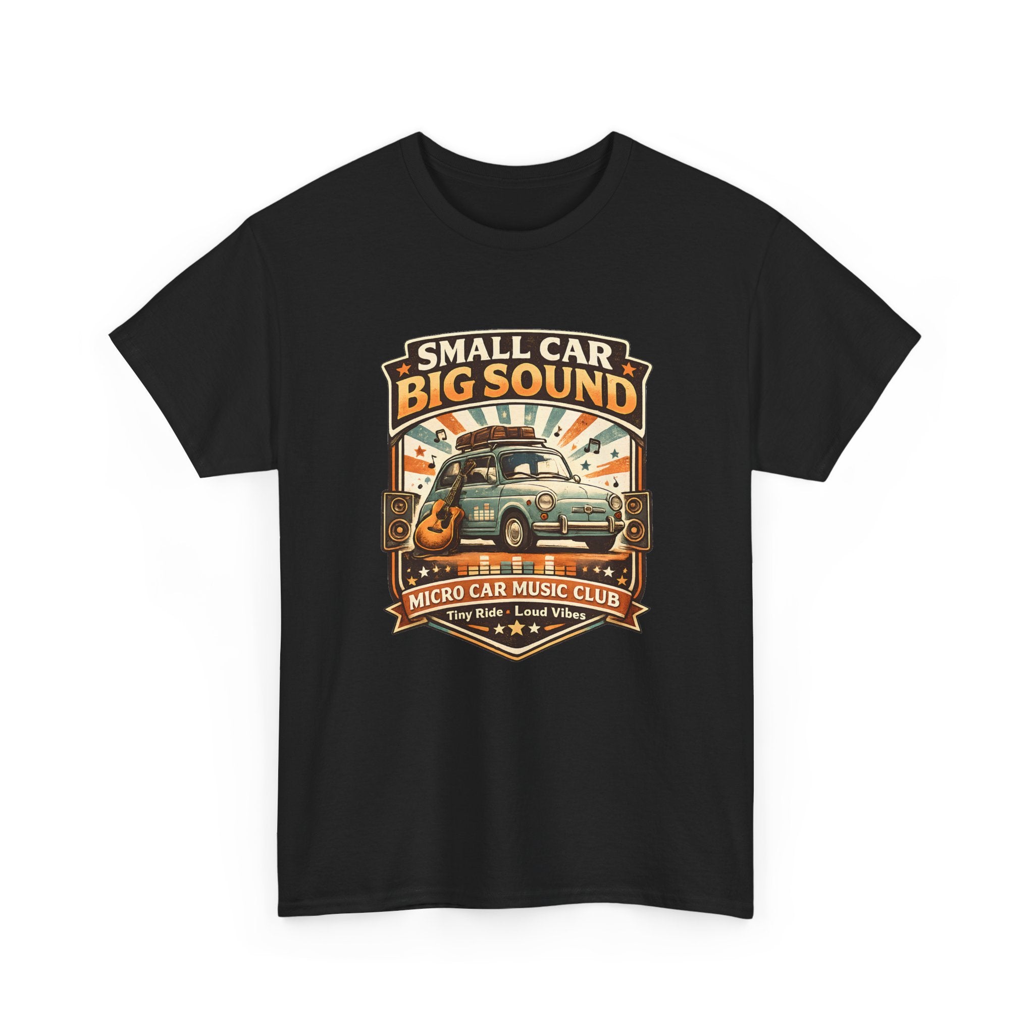 A black short-sleeve crewneck t-shirt featuring a retro-style graphic print of a vintage microcar with the text 'SMALL CAR BIG SOUND' and 'MICRO CAR MUSIC CLUB'.