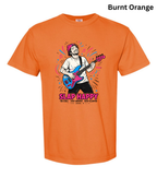 An orange crewneck t-shirt featuring a colorful graphic of a man playing a blue and pink electric guitar with the text 'SLAP HAPPY' underneath, shown against a plain white background with 'Burnt Orange' text in the top right corner.