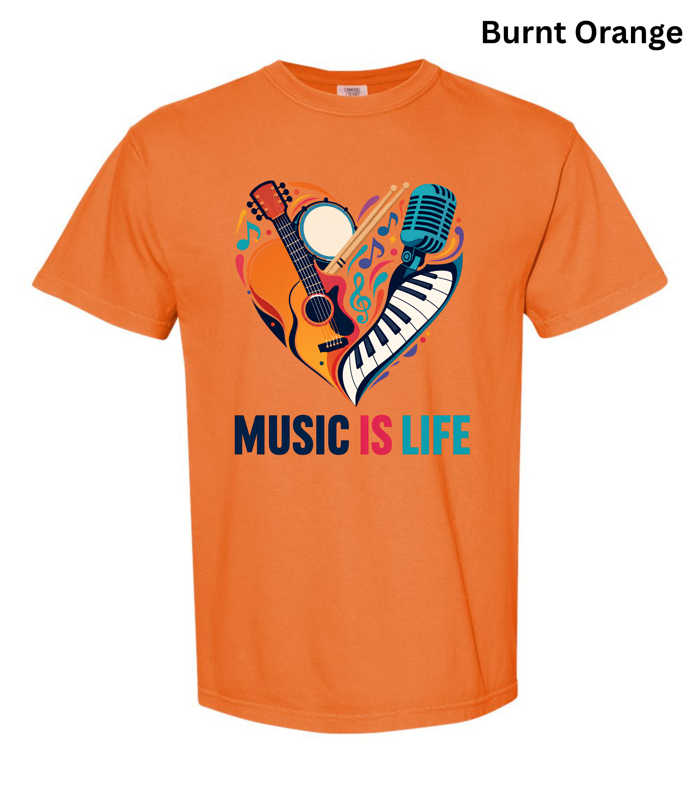 Music Is Life T-Shirt | Colorful Music Lover Graphic Tee with Guitar, Piano & Microphone