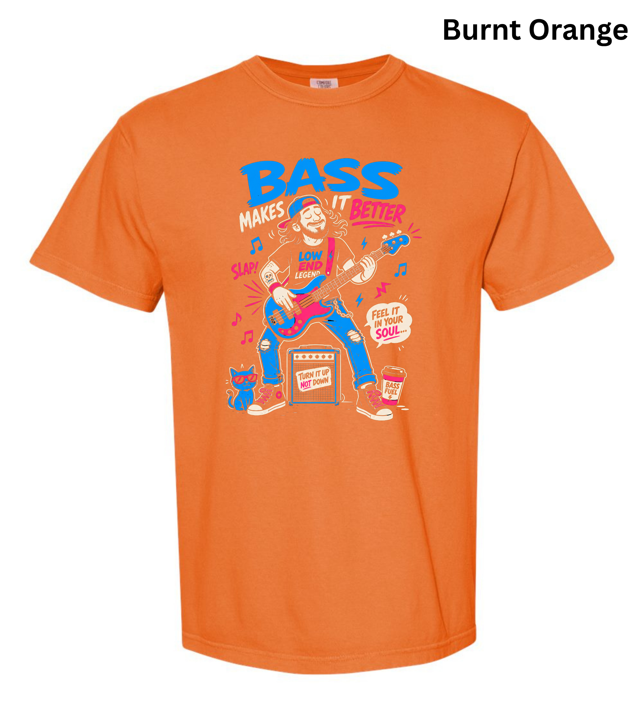 An orange short-sleeve crewneck t-shirt with a colorful graphic print on the front. The graphic features a cartoon bass player and the text 'BASS MAKES IT SOUND'.