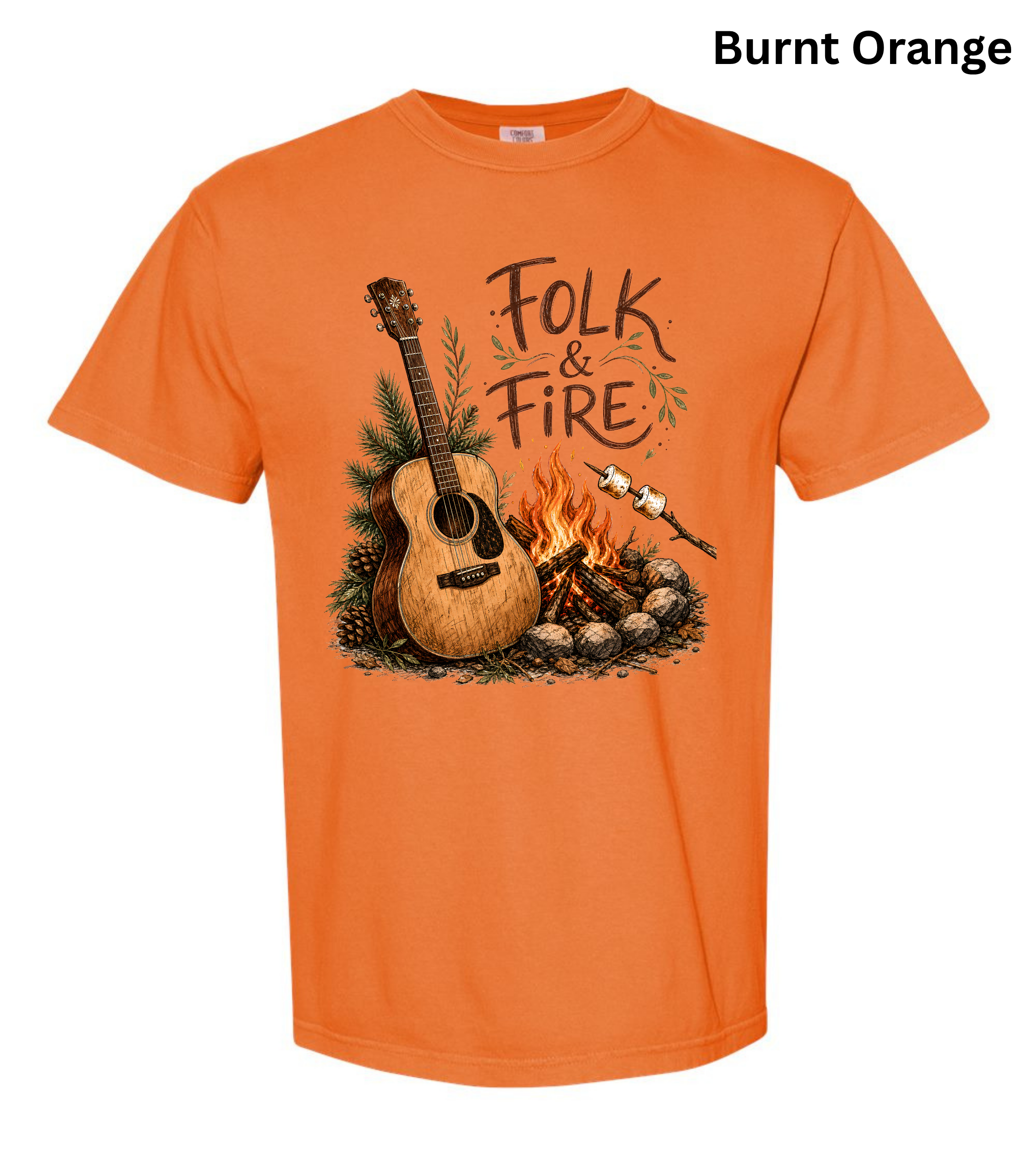 Folk & Fire Guitar T-Shirt | Campfire Acoustic Guitar Graphic Tee for Folk Music Lovers & Campers