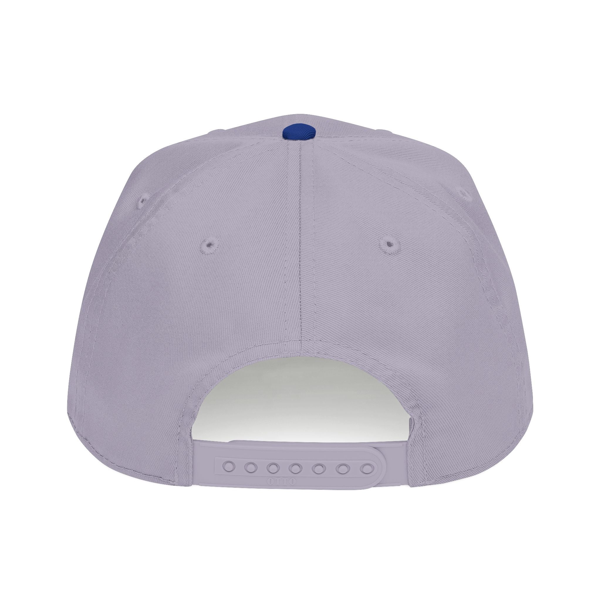 The back view of a light lavender-purple baseball cap with a blue button on top and an adjustable snapback closure, shown on a solid white background.