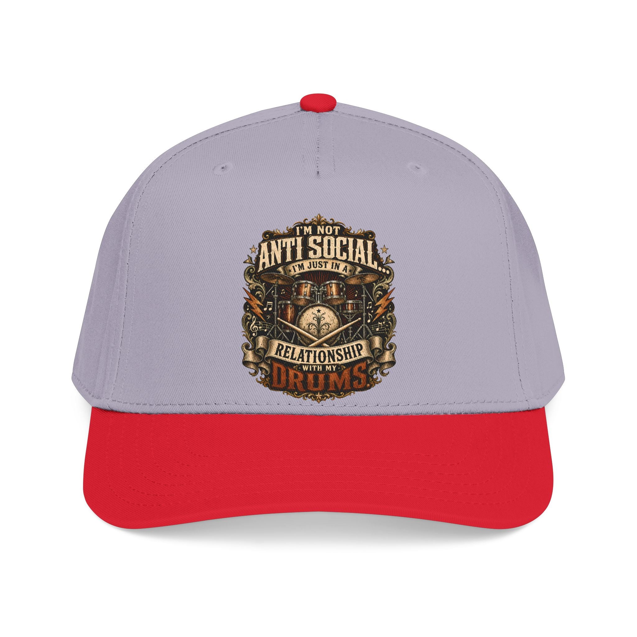 A two-tone baseball cap with a light gray crown and a bright red curved brim. The front of the cap features a detailed graphic with the text 'I'M NOT ANTI SOCIAL I'M JUST DRY' and 'RELATIONSHIP CRISIS' in a vintage, ornate font.