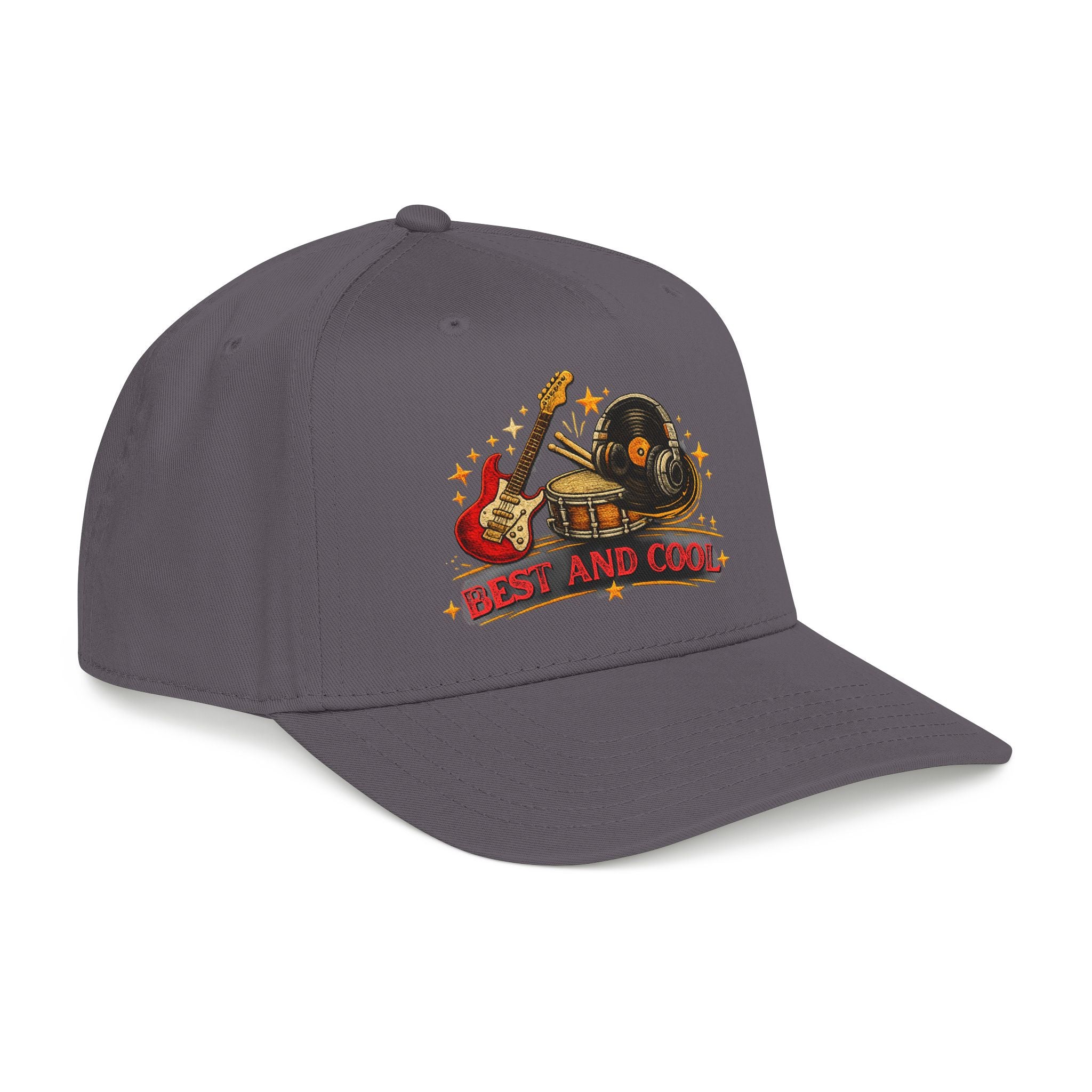 A dark gray baseball cap featuring a colorful graphic on the front with an electric guitar, drum set, vinyl record, stars, and the text 'BEST AND COOL'.