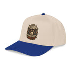 Beige and blue cap with a logo on a white background
