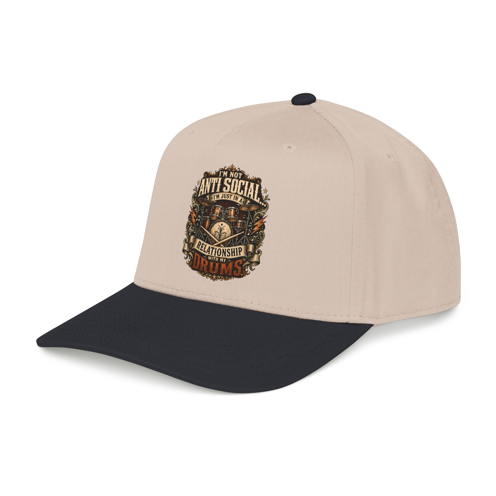 Beige and green cap with a plaid skull design and text on a white background