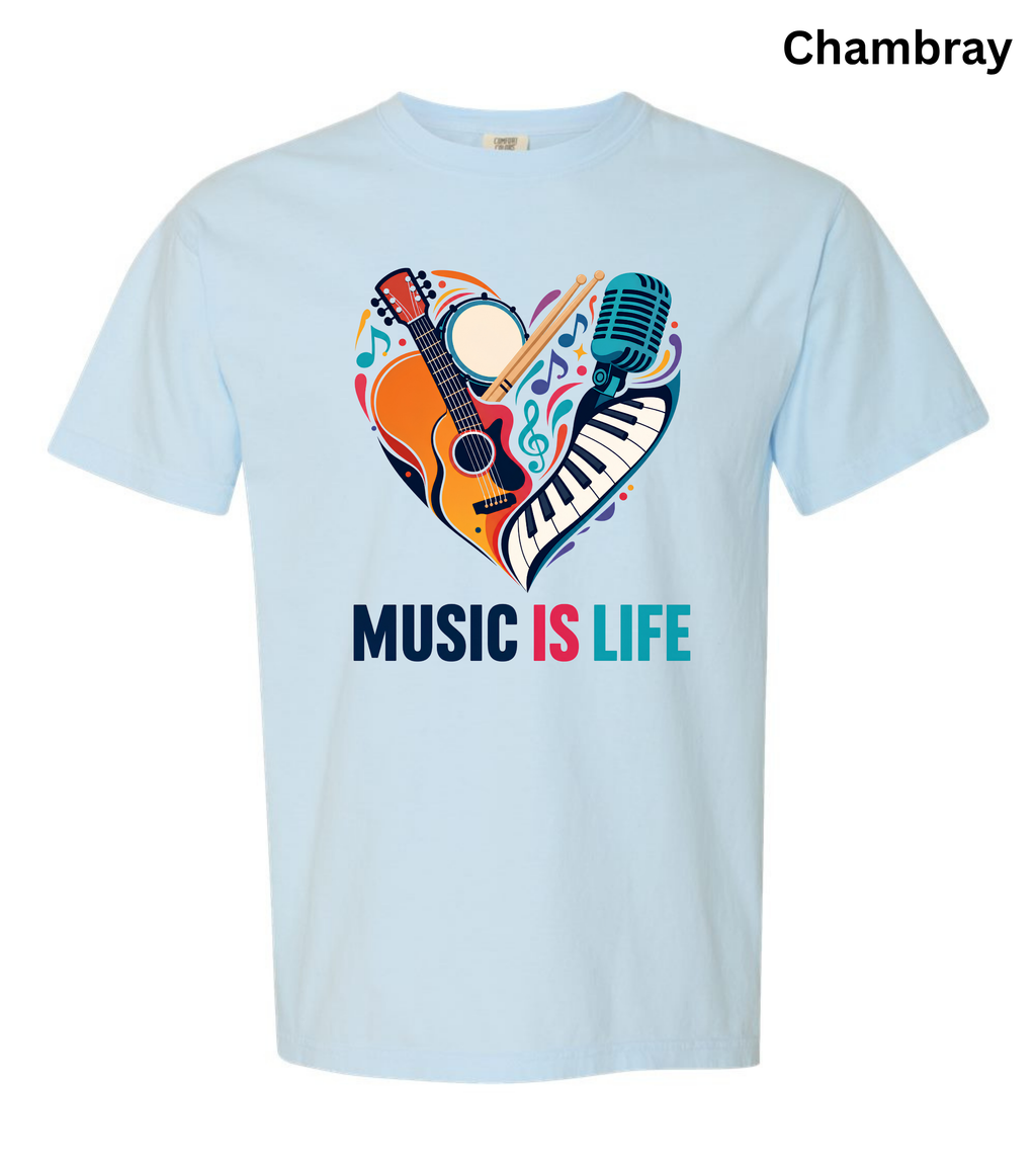 Music Is Life T-Shirt | Colorful Music Lover Graphic Tee with Guitar, Piano & Microphone