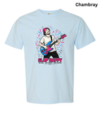 A light blue short-sleeve t-shirt with a colorful graphic of a man playing a pink and blue guitar, with the text 'SLAP HAPPY' printed below it. The word 'Chambray' is written in black in the top right corner.