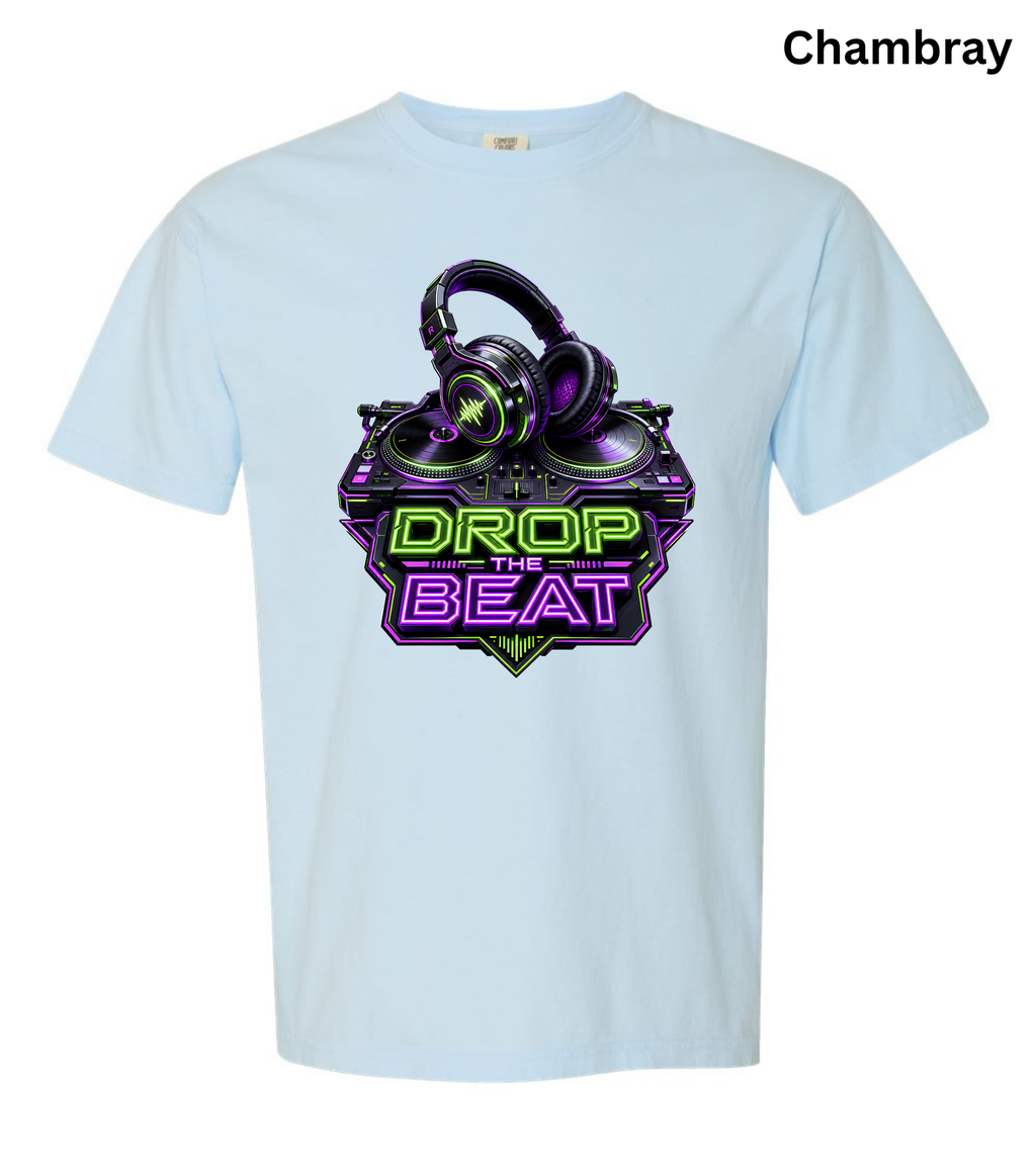 Drop the Beat DJ T-Shirt | Neon DJ Headphones & Turntable Graphic Tee for DJs, EDM & Electronic Music Lovers
