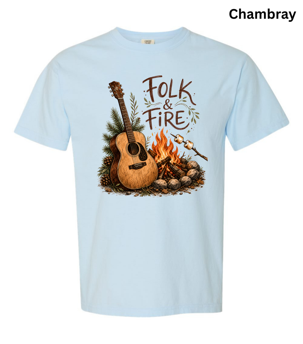 Folk & Fire Guitar T-Shirt | Campfire Acoustic Guitar Graphic Tee for Folk Music Lovers & Campers