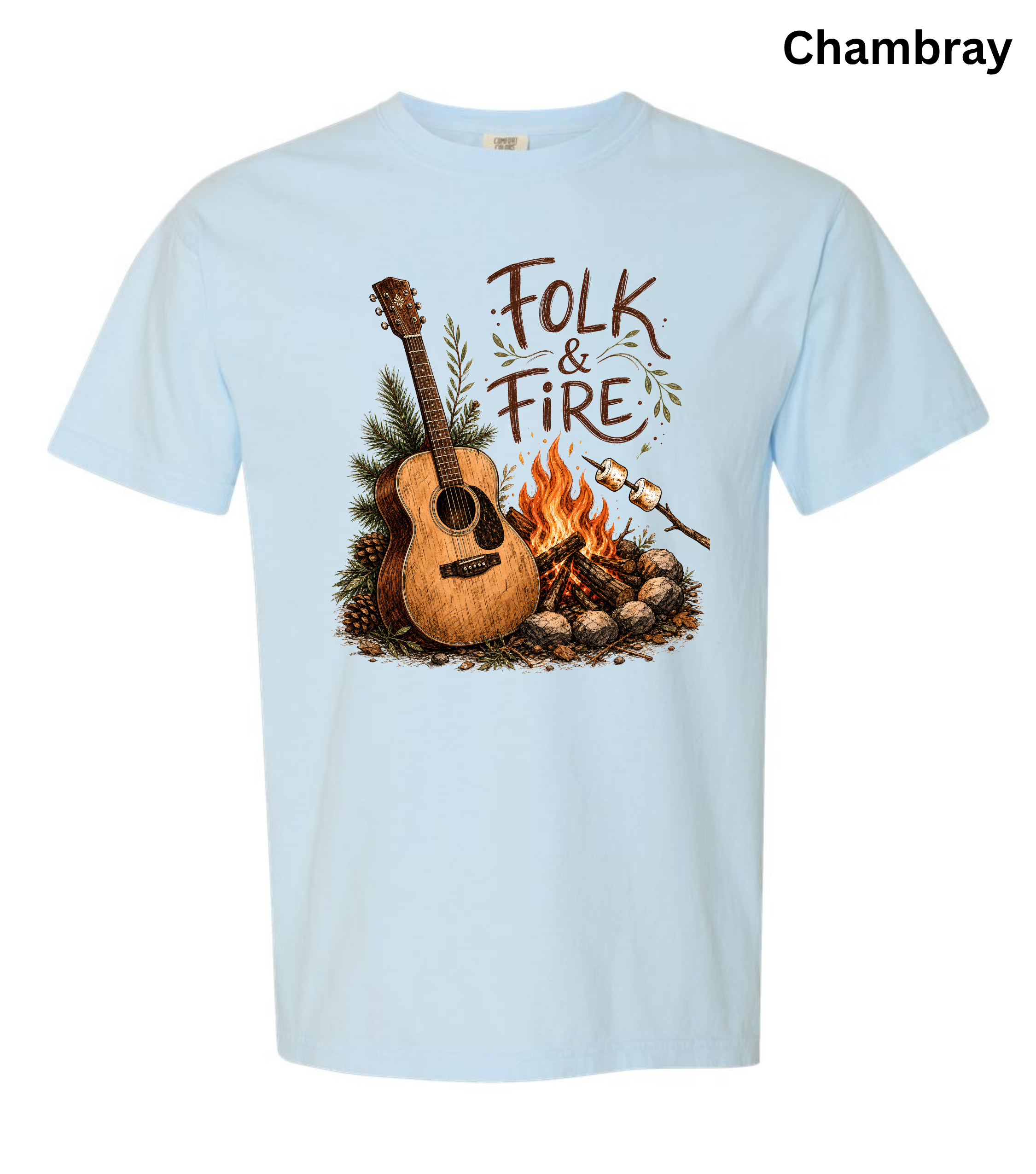 Folk & Fire Guitar T-Shirt | Campfire Acoustic Guitar Graphic Tee for Folk Music Lovers & Campers
