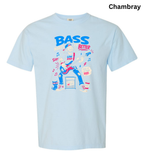 A light chambray blue short-sleeve t-shirt with a colorful graphic of a bass player and the text 'BASS IS MY BETTER', shown on a plain white background with the word 'Chambray' in the top right corner.