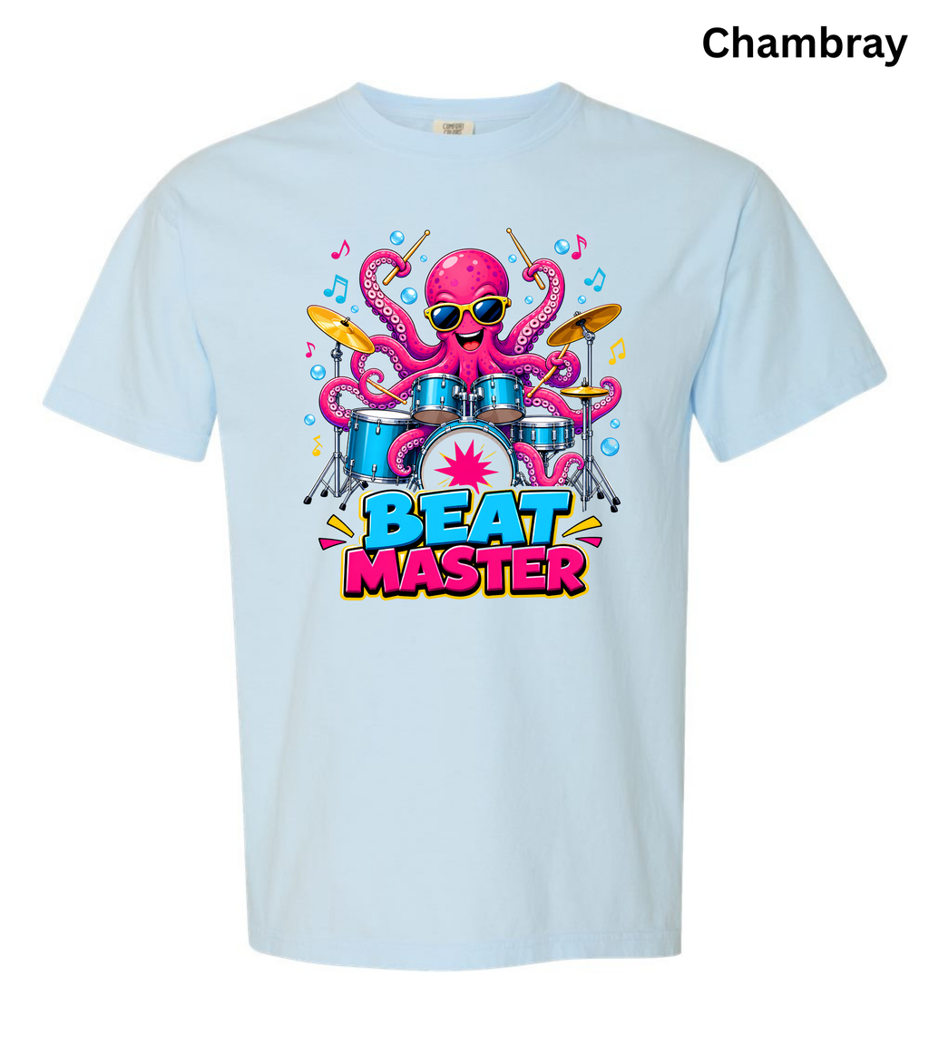 Beat Master Drummer Octopus T-Shirt | Funny Drum Player Tee | Drummer Graphic Shirt | Music Lover Gift | Cute Octopus Drum Set Tee | Unisex Music Apparel