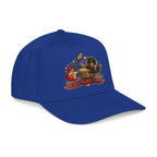 Blue cap with a logo featuring a lion and American flag on a white background