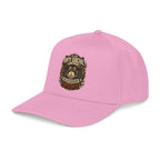 A pink baseball cap with a curved brim, featuring a detailed graphic on the front that reads 'ANTI SOCIAL TYPERelationship Survival' in a distressed, vintage-style design with gold, brown, and black tones.