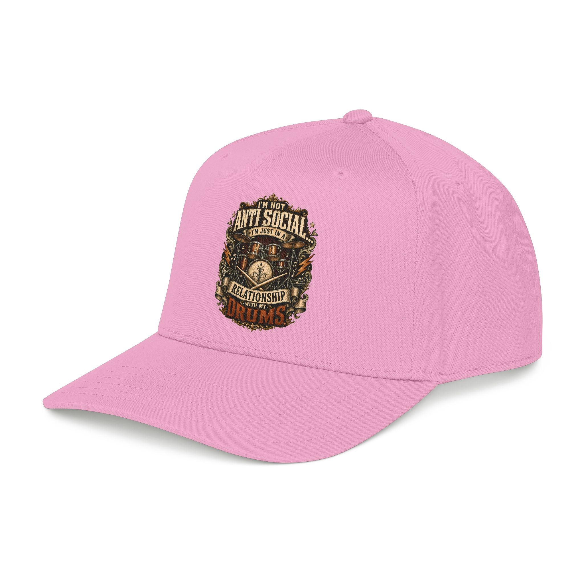 A pink baseball cap with a curved brim, featuring a detailed graphic on the front that reads 'ANTI SOCIAL TYPERelationship Survival' in a distressed, vintage-style design with gold, brown, and black tones.
