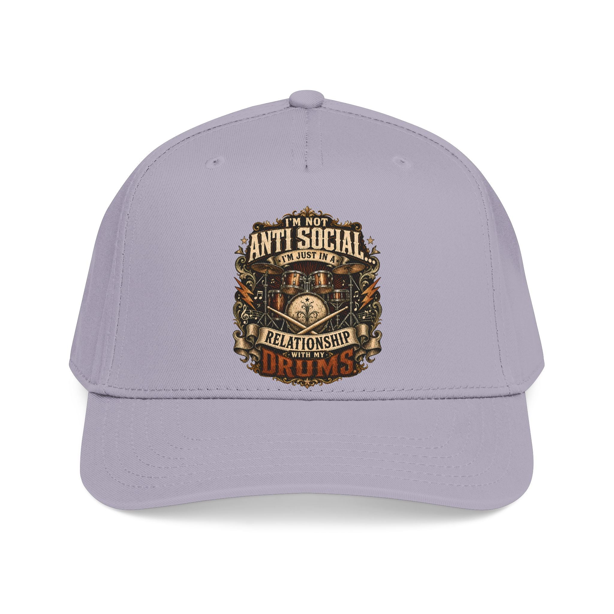 A light lavender-gray baseball cap featuring a detailed graphic on the front with the text 'I'M NOT ANTI SOCIAL I'M JUST DRY' and 'RELATIONSHIP DRUMS' in a vintage drum-themed crest.
