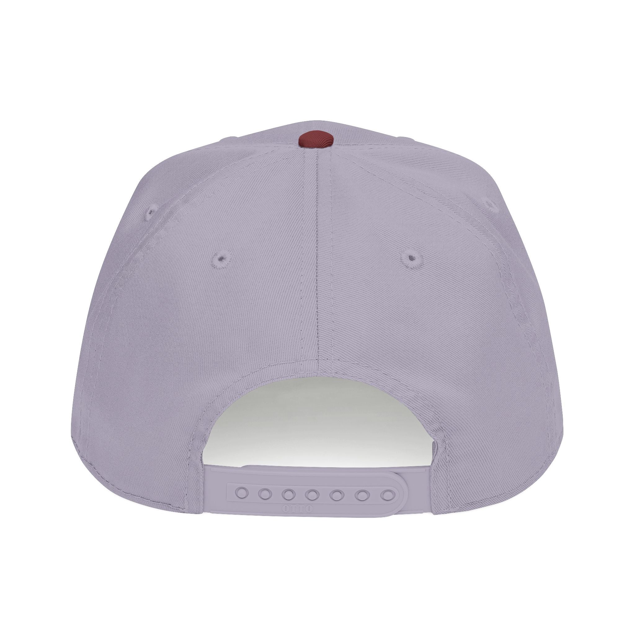 The back view of a light lavender-purple baseball cap with a blue button on top and an adjustable snapback closure, shown on a solid white background.