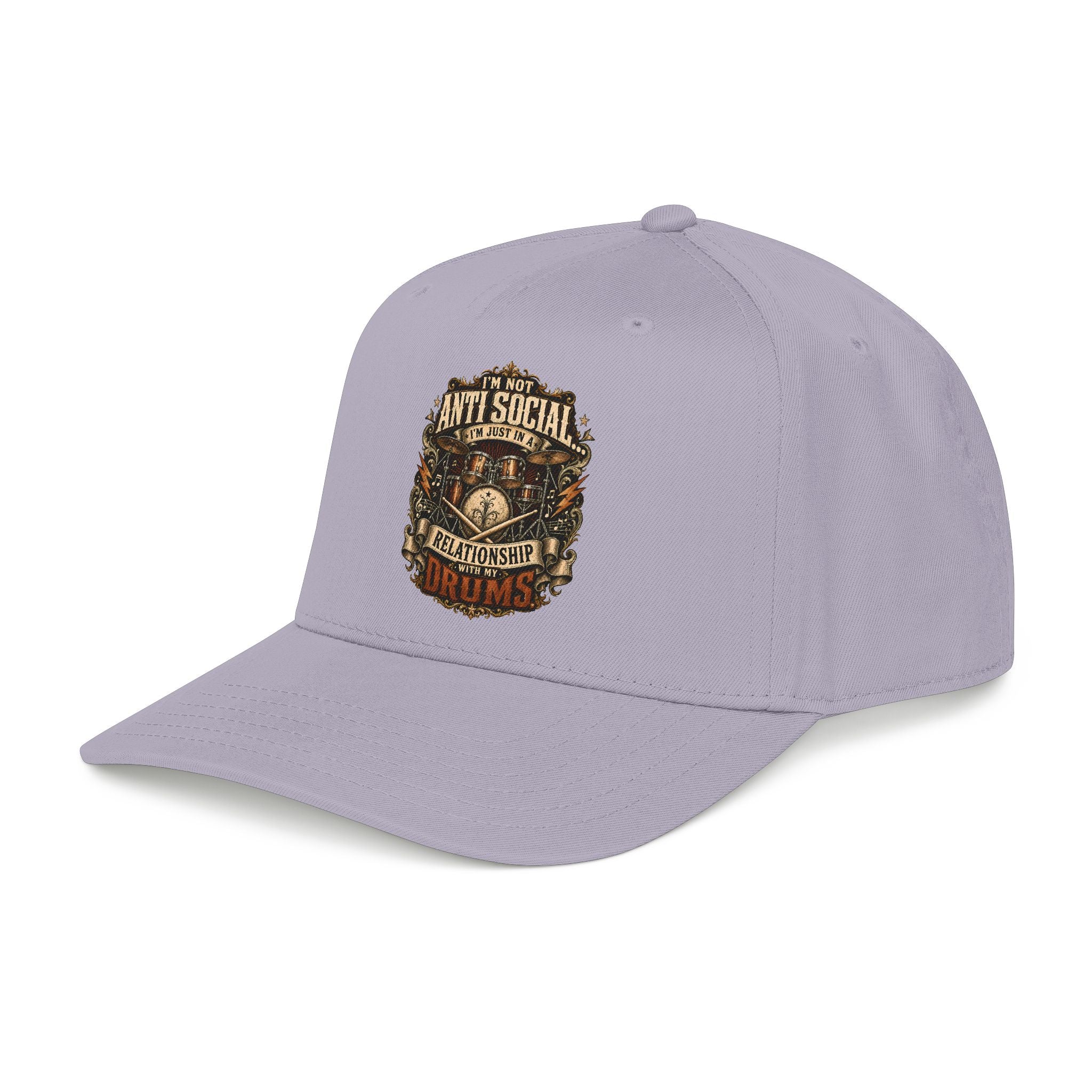 A light lavender baseball cap with a curved brim, featuring a detailed graphic on the front that reads 'ANTI SOCIAL TYPE RELATIONSHIP SURVIVOR' in a distressed, vintage-style emblem.