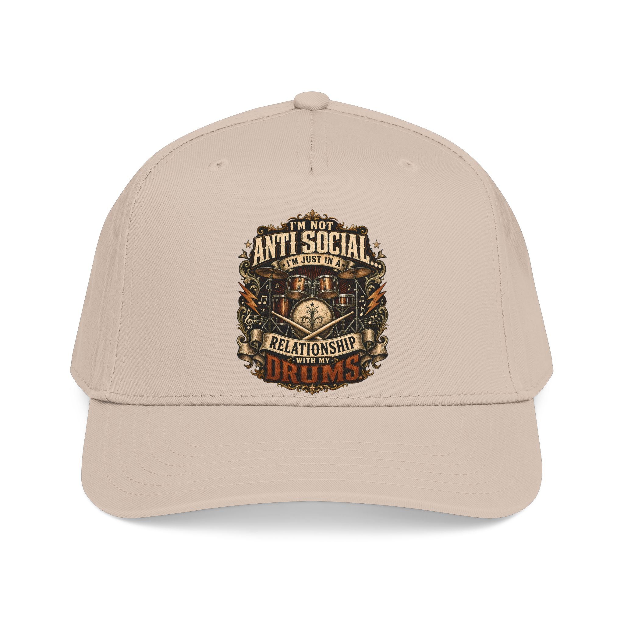 A beige baseball cap with a detailed graphic on the front that reads 'I'M NOT ANTI SOCIAL I'M JUST DRY' with a drum-themed emblem.