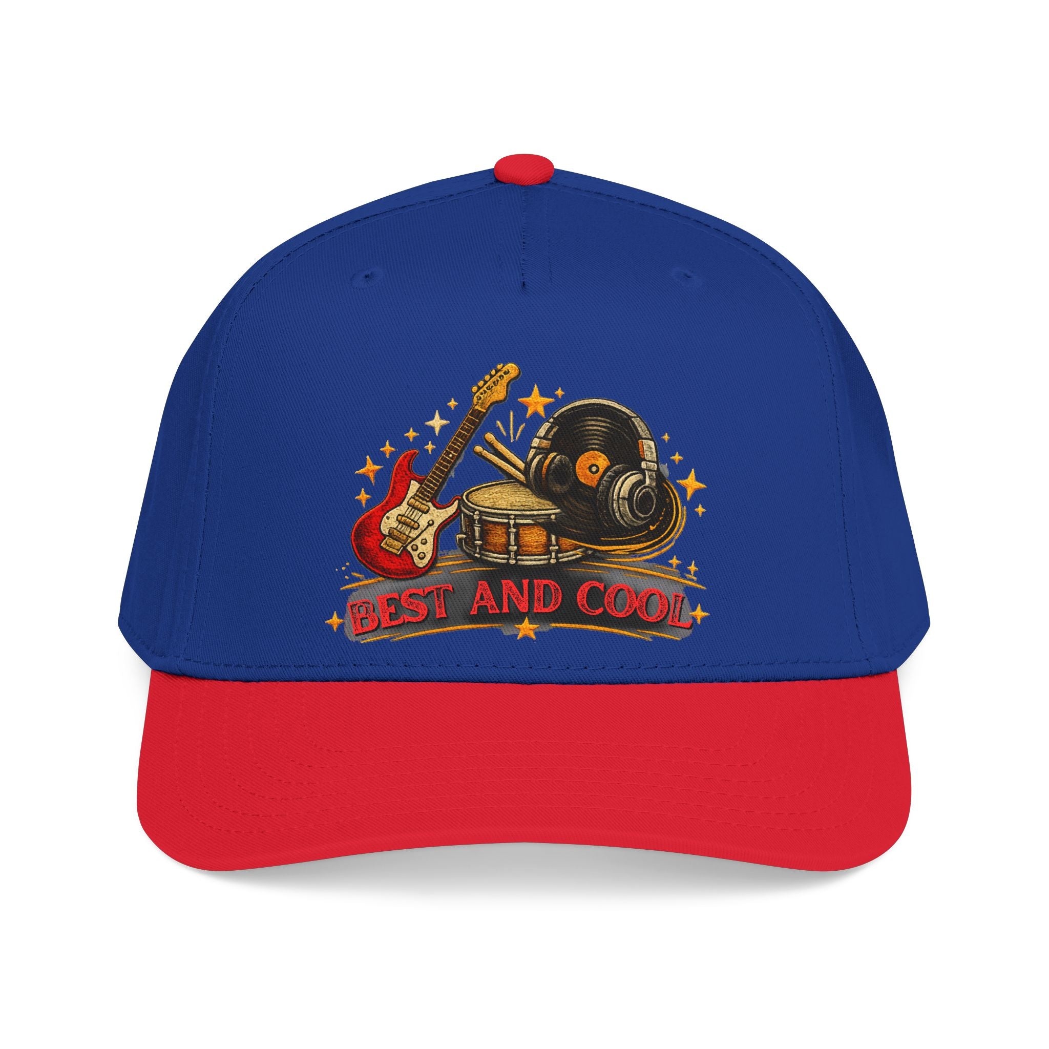 A structured baseball cap with a royal blue crown and a red curved brim, featuring a colorful graphic on the front with musical instruments and the text 'BEST AND COOL'.