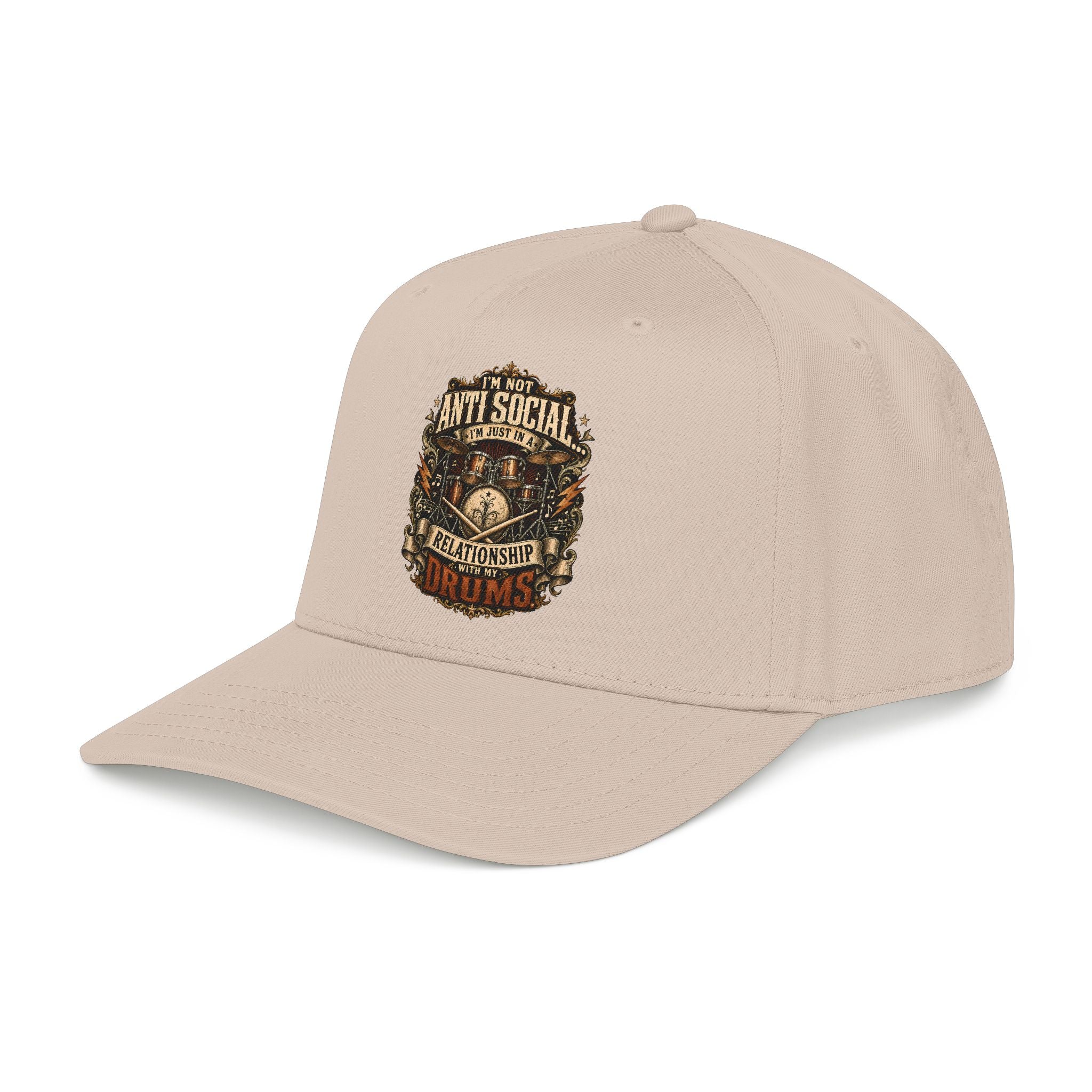 A light beige baseball cap with a curved brim, featuring a vintage-style graphic on the front that reads 'ANTI SOCIAL RELATIONSHIP' in distressed lettering.