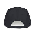 The back view of a black snapback cap on a solid white background.