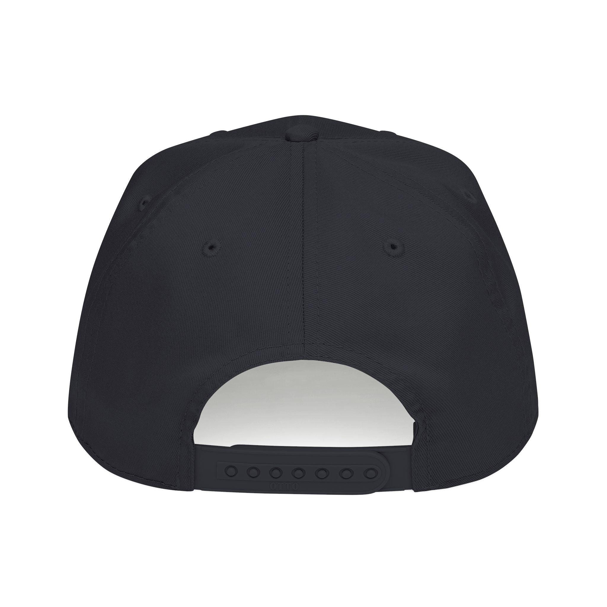 The back view of a black snapback cap on a solid white background.