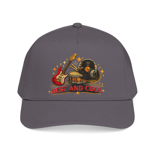A dark gray baseball cap featuring a colorful graphic of a red electric guitar, a vinyl record, a drum set, and stars with the text 'BEST AND COOL' printed on the front.