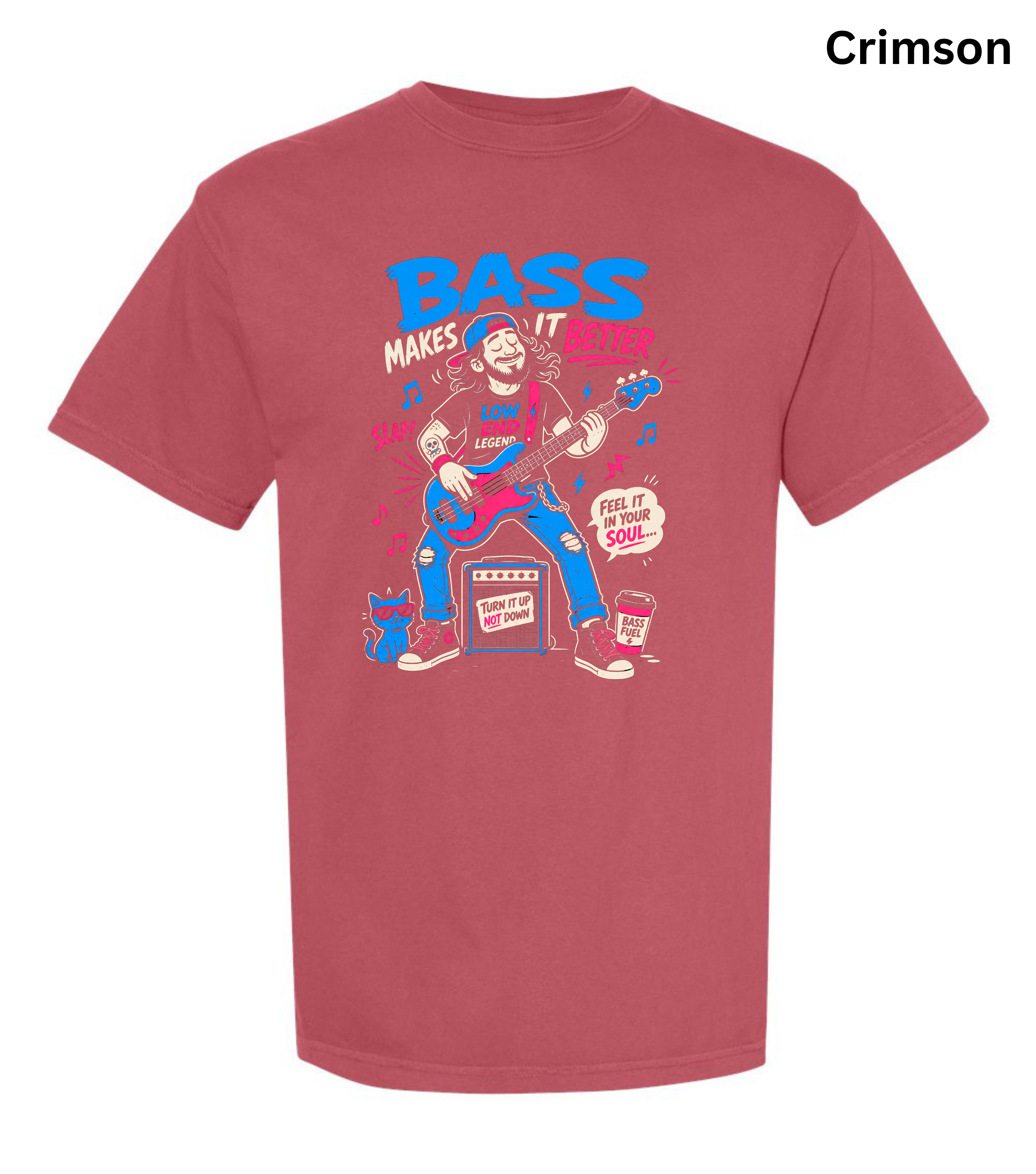 A short-sleeve crewneck t-shirt in a vibrant crimson color, featuring a colorful graphic print of a bass player on the front. The word 'Crimson' is printed in black text in the top right corner.