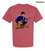 A crimson short-sleeve crewneck t-shirt featuring a graphic of a man playing an electric guitar with the text 'PLAY IT LOUD' below, shown on a plain white background with 'Crimson' text in the top right corner.