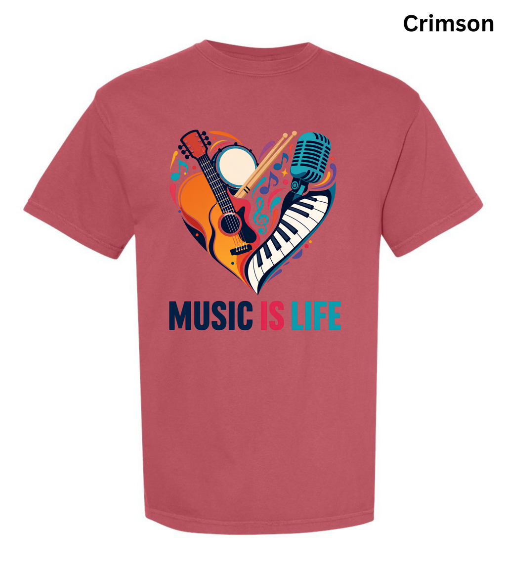 Music Is Life T-Shirt | Colorful Music Lover Graphic Tee with Guitar, Piano & Microphone