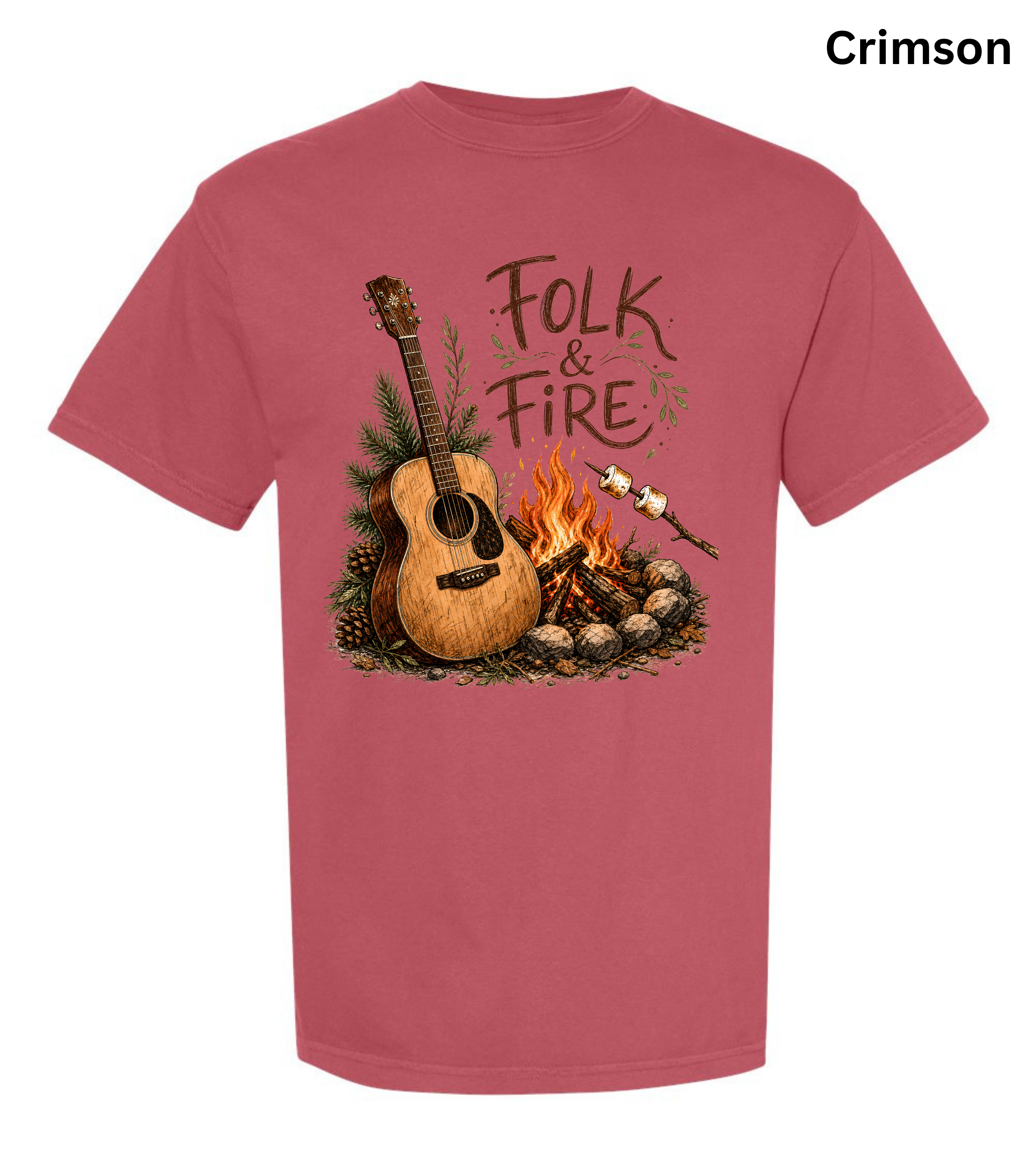 Folk & Fire Guitar T-Shirt | Campfire Acoustic Guitar Graphic Tee for Folk Music Lovers & Campers