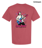 A crimson short-sleeve t-shirt with a colorful graphic of a man playing a blue and pink bass guitar, with the text 'SLAP HAPPY' printed below. The word 'Crimson' is written in black in the top right corner.